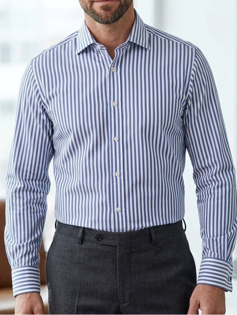 Jack and Jones Premium Men's Blue and White Striped Dress Shirt- XXL